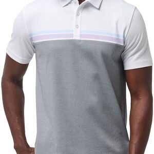 Travis Mathew White and Gray Polo Shirt with Pastel Accents- First Timer Golf